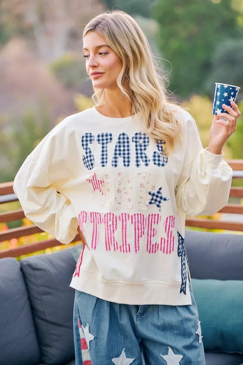 BiBi 4th Of July Stars And Stripes Patches Sweatshirt - Desert Sunday