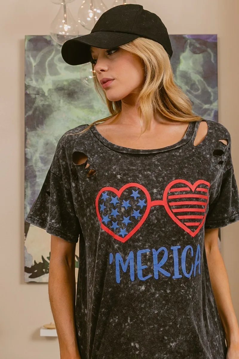 BiBi 4th Of July Theme Mineral Washed Laser Cut Top - Desert Sunday