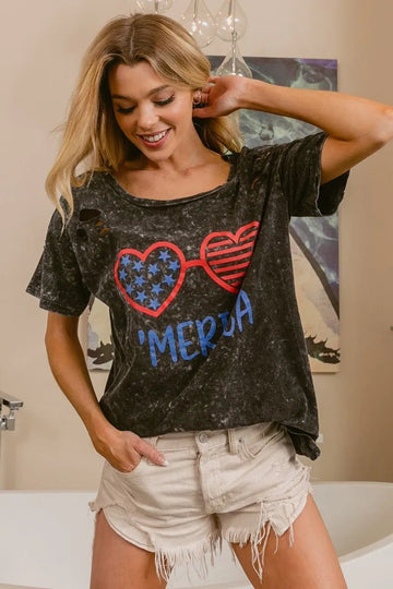 BiBi 4th Of July Theme Mineral Washed Laser Cut Top - Desert Sunday