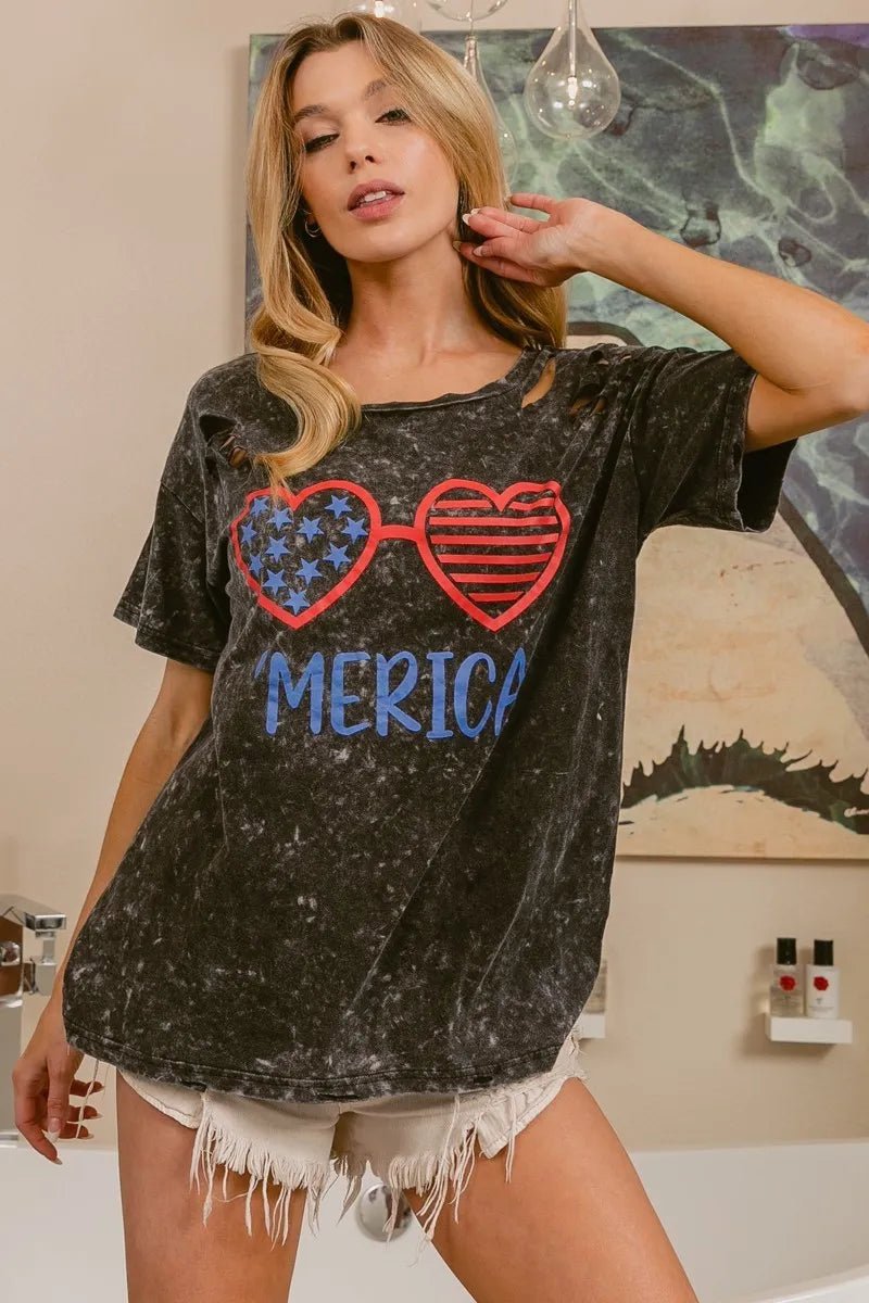 BiBi 4th Of July Theme Mineral Washed Laser Cut Top - Desert Sunday