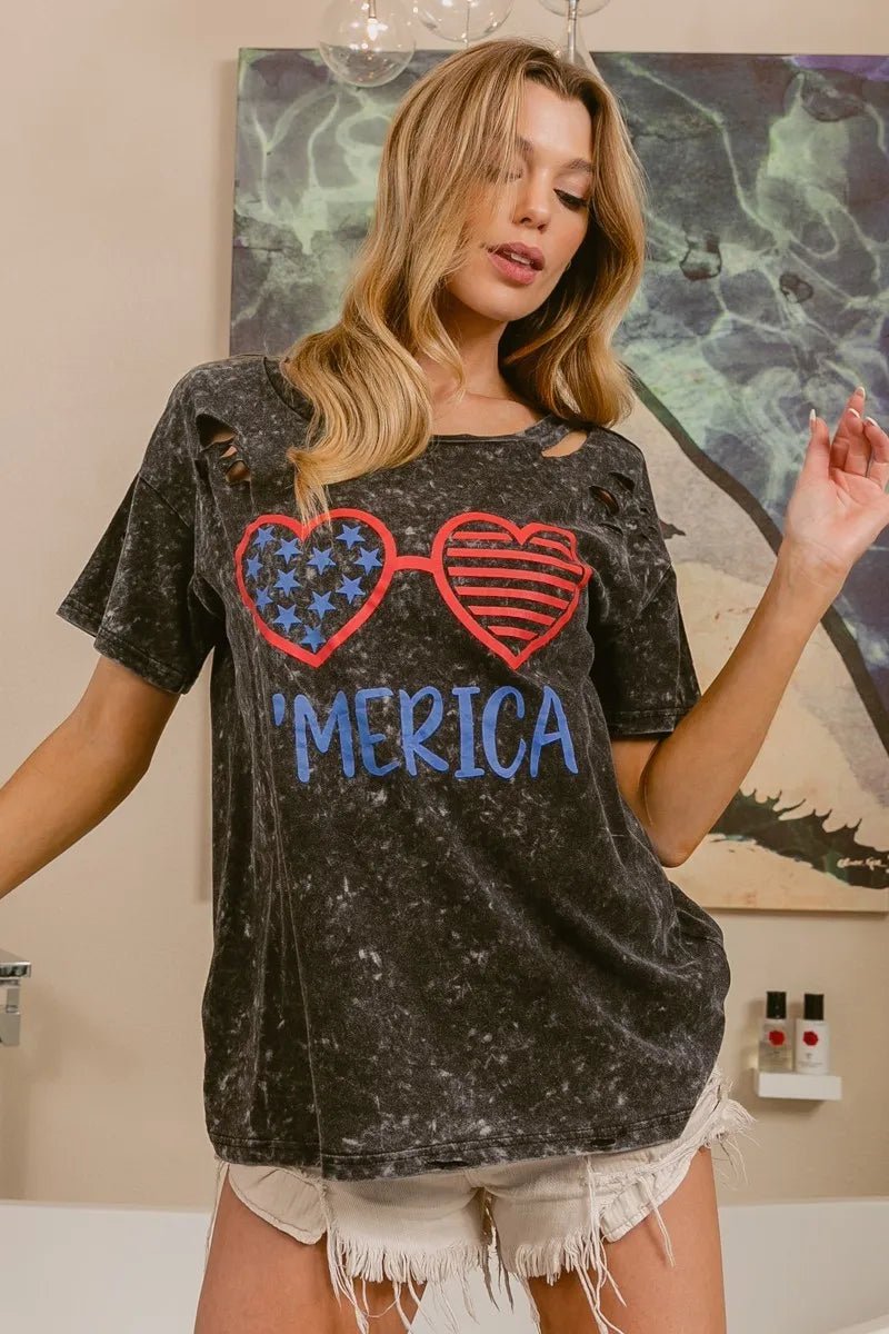 BiBi 4th Of July Theme Mineral Washed Laser Cut Top - Desert Sunday