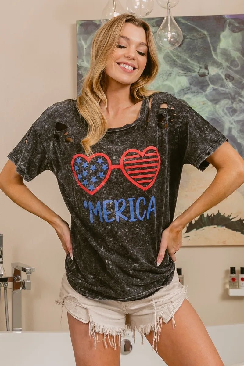 BiBi 4th Of July Theme Mineral Washed Laser Cut Top - Desert Sunday