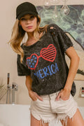 BiBi 4th Of July Theme Mineral Washed Laser Cut Top - Desert Sunday