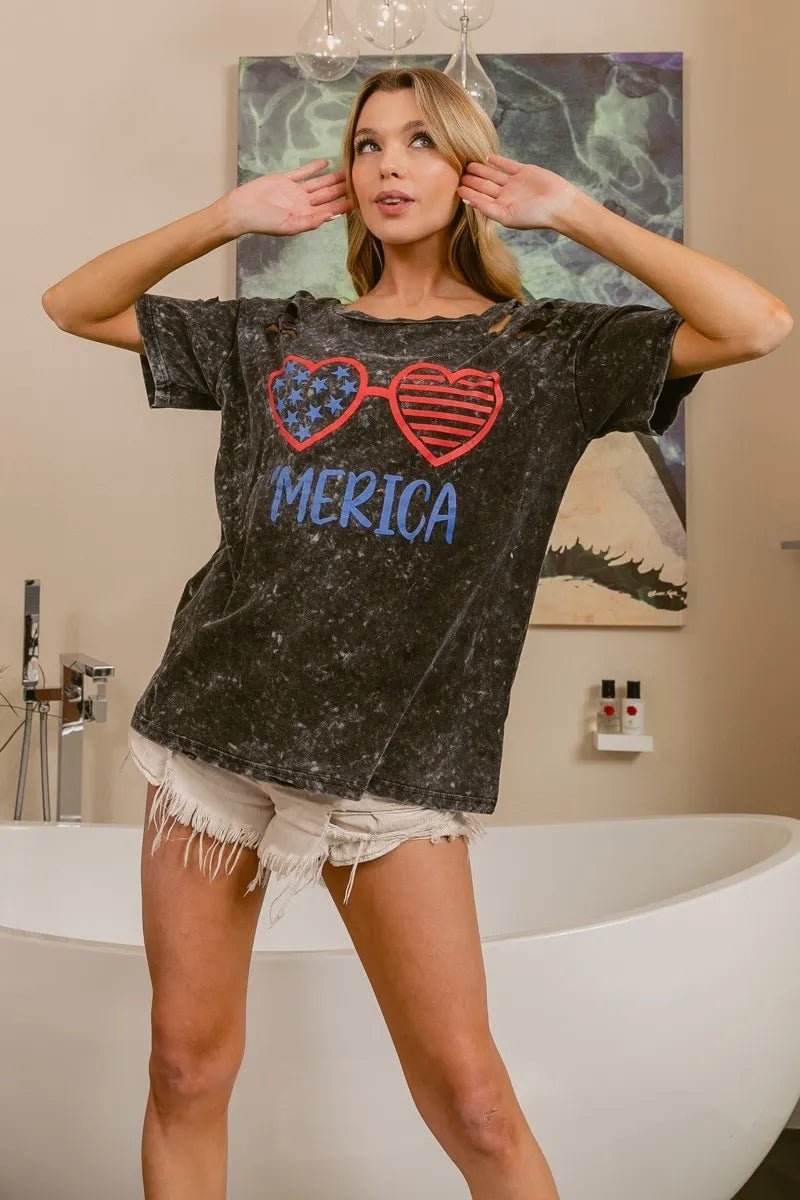 BiBi 4th Of July Theme Mineral Washed Laser Cut Top - Desert Sunday
