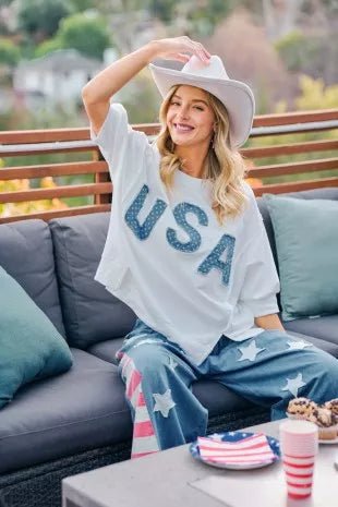 BiBi 4th Of July Usa Letter Patchwork French Terry Top - Desert Sunday