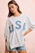 BiBi 4th Of July Usa Letter Patchwork French Terry Top - Desert Sunday