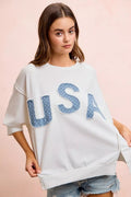 BiBi 4th Of July Usa Letter Patchwork French Terry Top - Desert Sunday