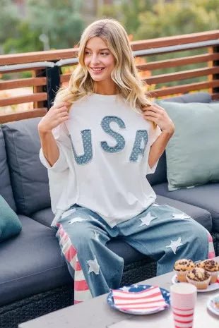BiBi 4th Of July Usa Letter Patchwork French Terry Top - Desert Sunday
