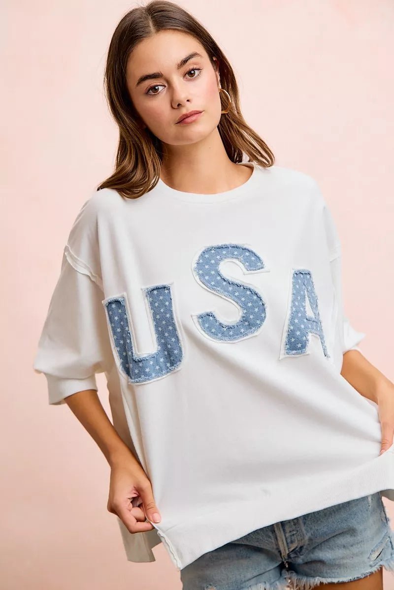 BiBi 4th Of July Usa Letter Patchwork French Terry Top - Desert Sunday