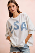 BiBi 4th Of July Usa Letter Patchwork French Terry Top - Desert Sunday