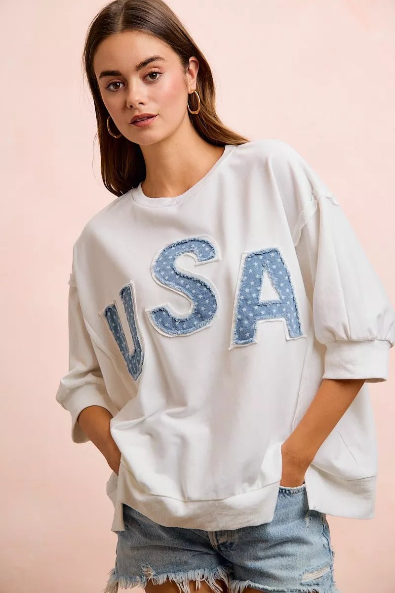 BiBi 4th Of July Usa Letter Patchwork French Terry Top - Desert Sunday
