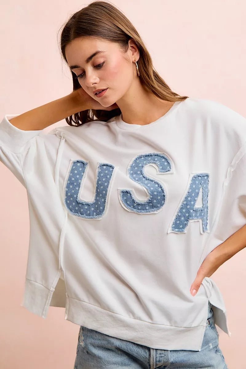 BiBi 4th Of July Usa Letter Patchwork French Terry Top - Desert Sunday