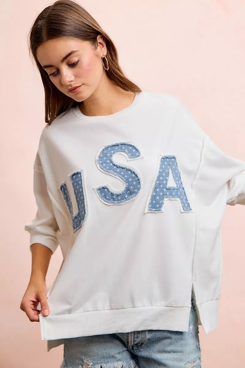 BiBi 4th Of July Usa Letter Patchwork French Terry Top - Desert Sunday
