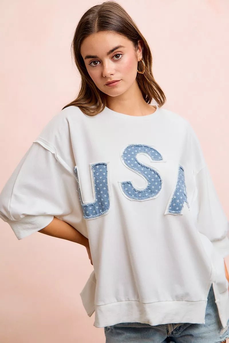 BiBi 4th Of July Usa Letter Patchwork French Terry Top - Desert Sunday
