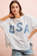 BiBi 4th Of July Usa Letter Patchwork French Terry Top - Desert Sunday