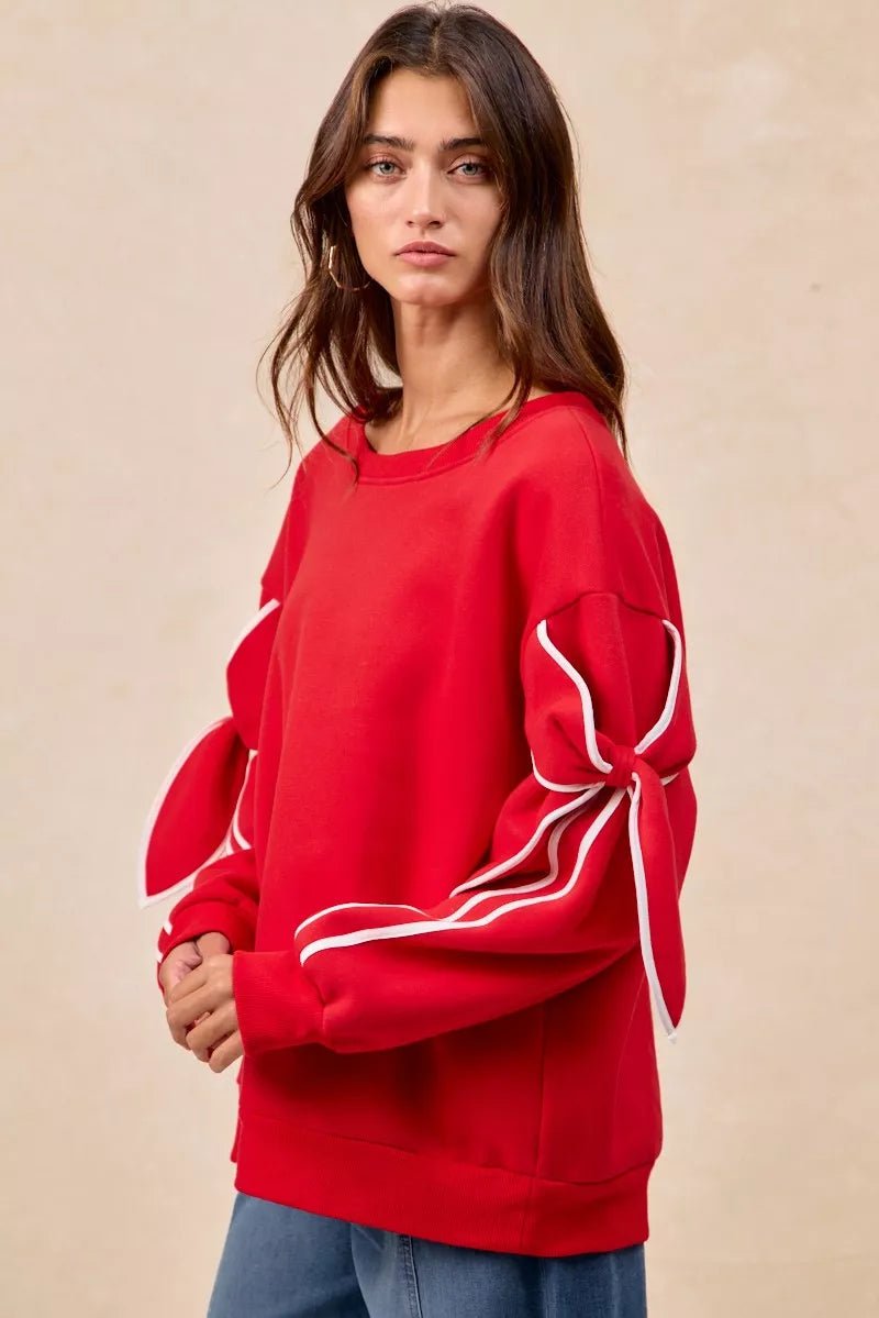 BiBi Bow Detail Sleeves Fleece Sweatshirt - Desert Sunday