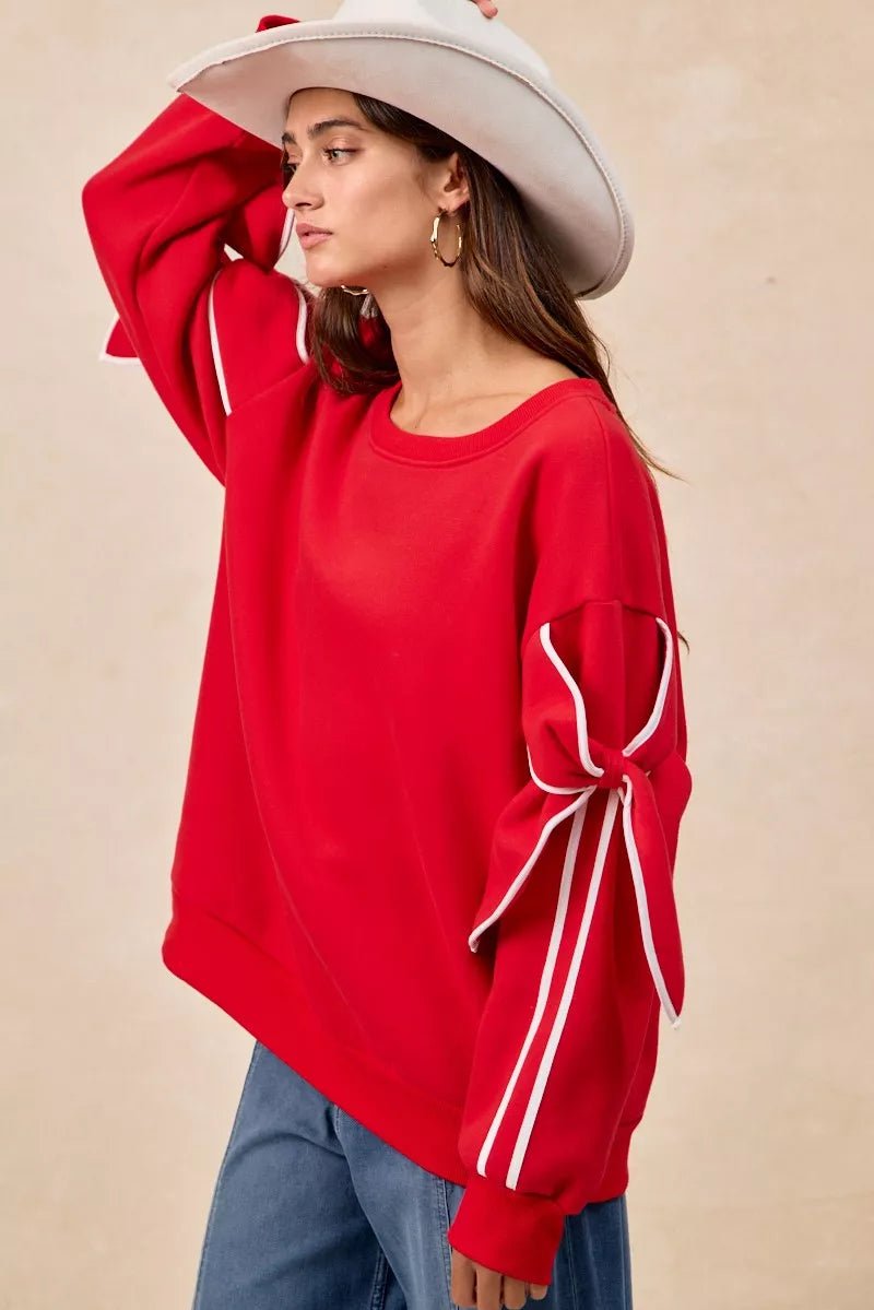 BiBi Bow Detail Sleeves Fleece Sweatshirt - Desert Sunday
