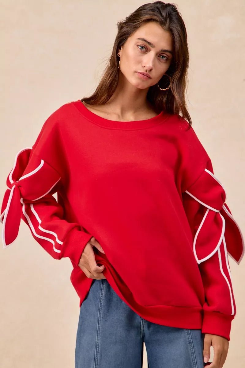 BiBi Bow Detail Sleeves Fleece Sweatshirt - Desert Sunday