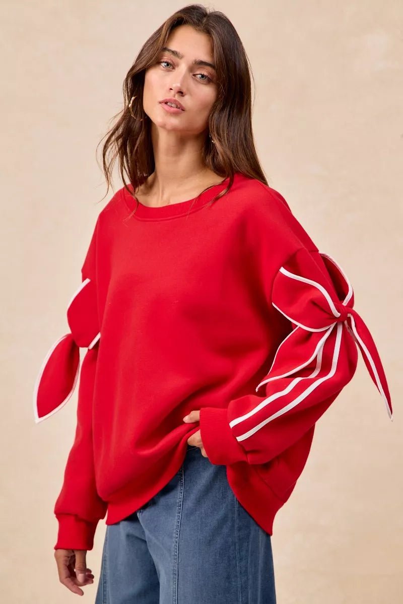 BiBi Bow Detail Sleeves Fleece Sweatshirt - Desert Sunday