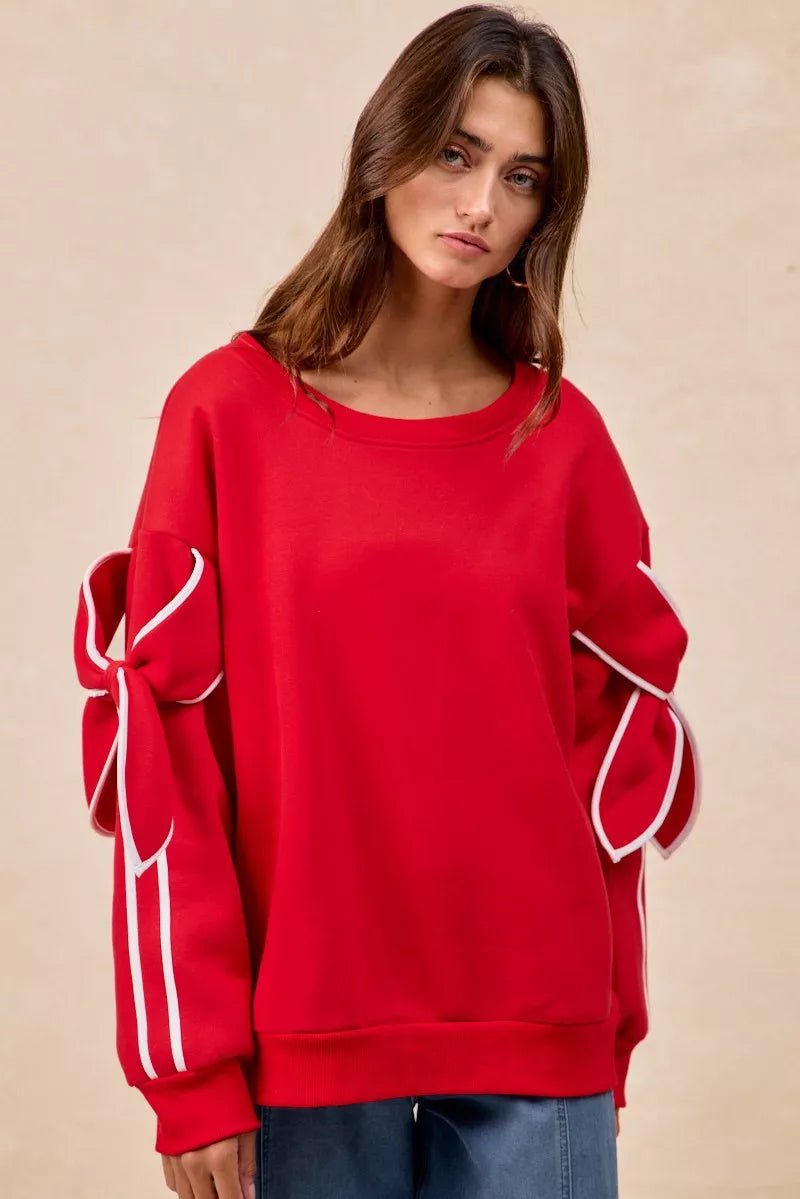 BiBi Bow Detail Sleeves Fleece Sweatshirt - Desert Sunday