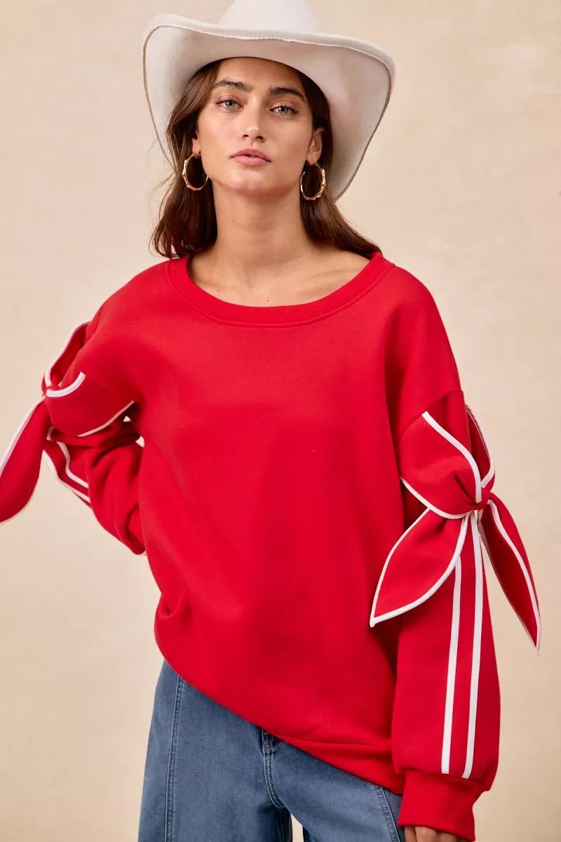 BiBi Bow Detail Sleeves Fleece Sweatshirt - Desert Sunday