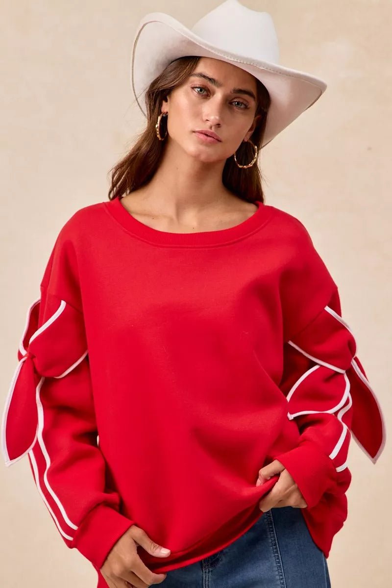 BiBi Bow Detail Sleeves Fleece Sweatshirt - Desert Sunday