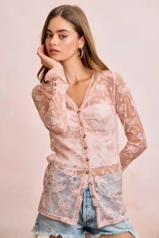 BiBi Bow Pattern Shrried V-neck Mesh Cardigan Top - Desert Sunday