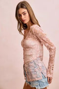 BiBi Bow Pattern Shrried V-neck Mesh Cardigan Top - Desert Sunday