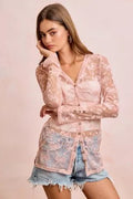 BiBi Bow Pattern Shrried V-neck Mesh Cardigan Top - Desert Sunday