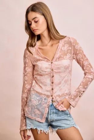 BiBi Bow Pattern Shrried V-neck Mesh Cardigan Top - Desert Sunday