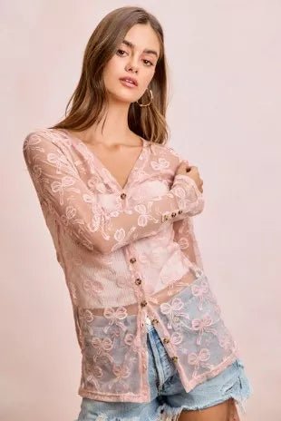 BiBi Bow Pattern Shrried V-neck Mesh Cardigan Top - Desert Sunday