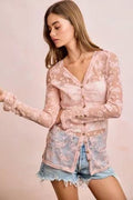 BiBi Bow Pattern Shrried V-neck Mesh Cardigan Top - Desert Sunday