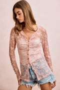 BiBi Bow Pattern Shrried V-neck Mesh Cardigan Top - Desert Sunday