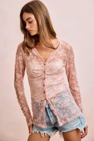 BiBi Bow Pattern Shrried V-neck Mesh Cardigan Top - Desert Sunday