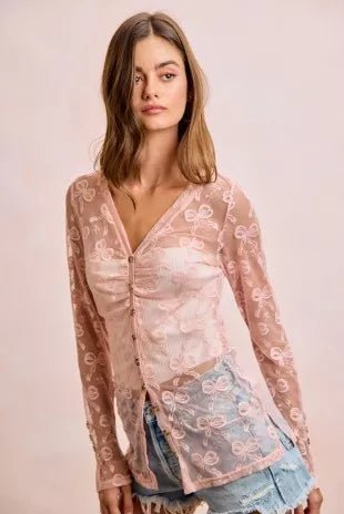 BiBi Bow Pattern Shrried V-neck Mesh Cardigan Top - Desert Sunday