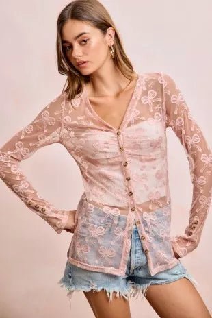 BiBi Bow Pattern Shrried V-neck Mesh Cardigan Top - Desert Sunday