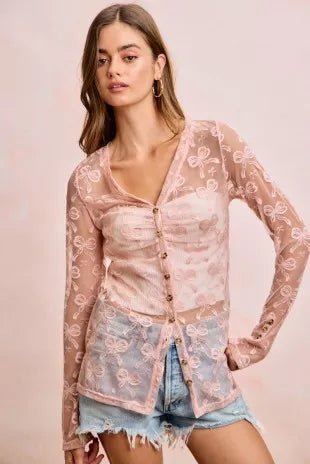 BiBi Bow Pattern Shrried V-neck Mesh Cardigan Top - Desert Sunday