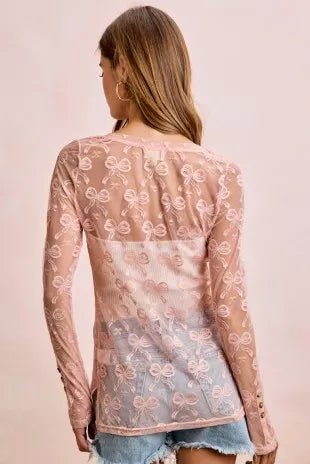 BiBi Bow Pattern Shrried V-neck Mesh Cardigan Top - Desert Sunday