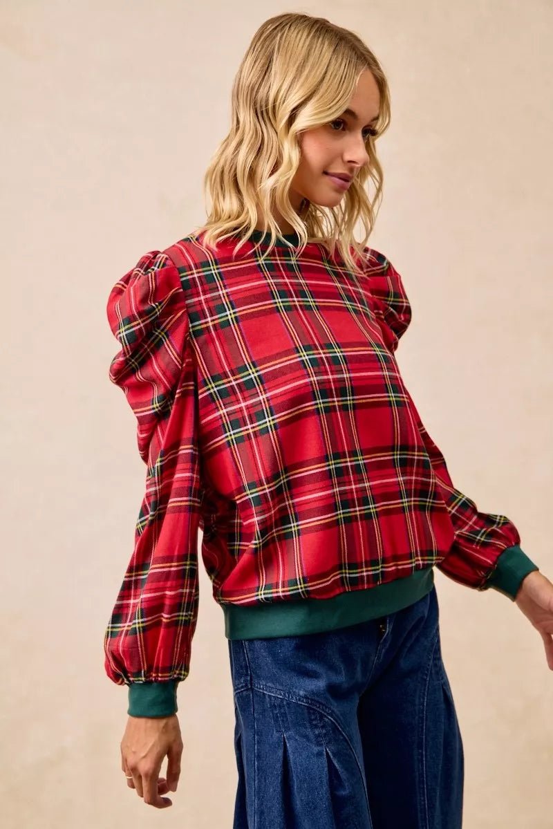 BiBi Christmas Plaid Exaggerated Shoulder Sleeves Top - Desert Sunday