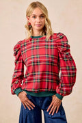 BiBi Christmas Plaid Exaggerated Shoulder Sleeves Top - Desert Sunday