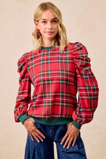 BiBi Christmas Plaid Exaggerated Shoulder Sleeves Top - Desert Sunday