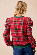 BiBi Christmas Plaid Exaggerated Shoulder Sleeves Top - Desert Sunday