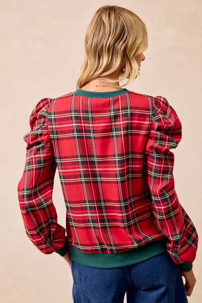 BiBi Christmas Plaid Exaggerated Shoulder Sleeves Top - Desert Sunday