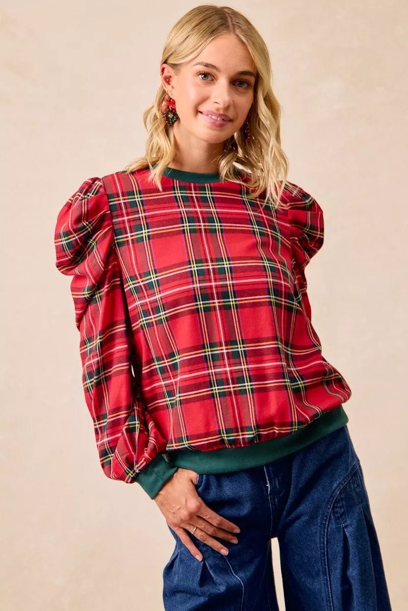 BiBi Christmas Plaid Exaggerated Shoulder Sleeves Top - Desert Sunday