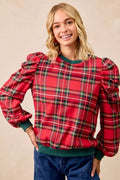 BiBi Christmas Plaid Exaggerated Shoulder Sleeves Top - Desert Sunday