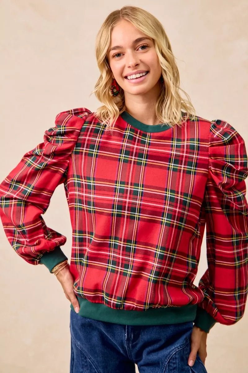 BiBi Christmas Plaid Exaggerated Shoulder Sleeves Top - Desert Sunday