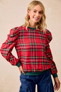 BiBi Christmas Plaid Exaggerated Shoulder Sleeves Top - Desert Sunday