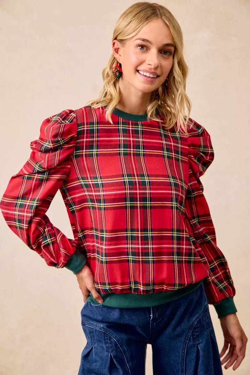BiBi Christmas Plaid Exaggerated Shoulder Sleeves Top - Desert Sunday