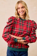BiBi Christmas Plaid Exaggerated Shoulder Sleeves Top - Desert Sunday