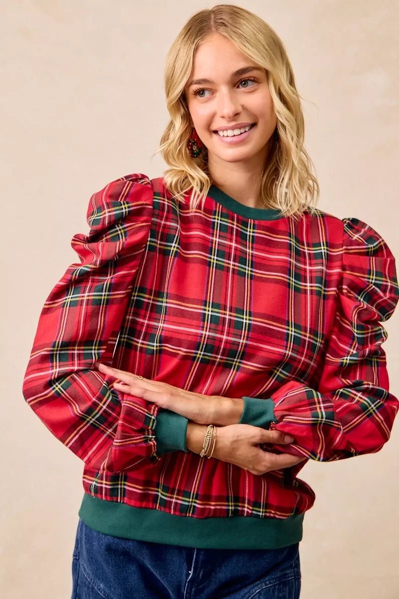 BiBi Christmas Plaid Exaggerated Shoulder Sleeves Top - Desert Sunday